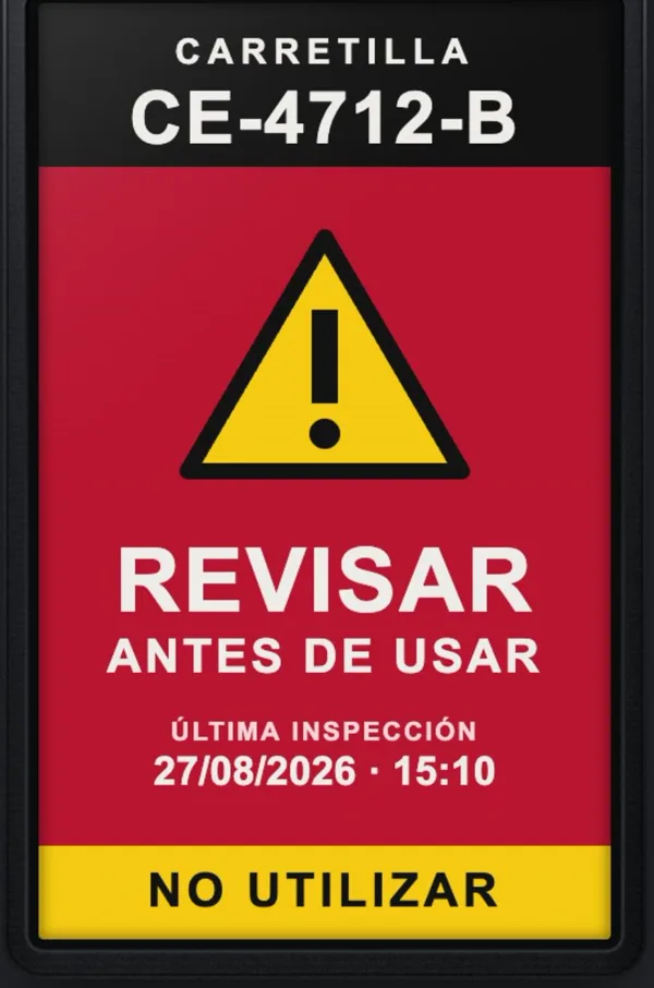 Cartel electrónico de una carretilla: Revisar antes de usar