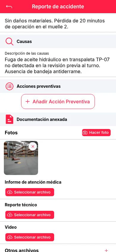 Parte de accidente con causas, acciones preventivas y documentación adjunta