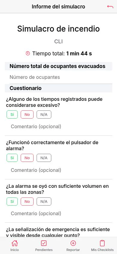 Informe de un simulacro de incendio con tiempo total y cuestionario