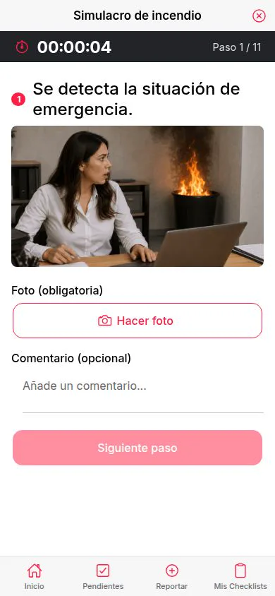 Simulacro de incendio guiado paso a paso con cronómetro
