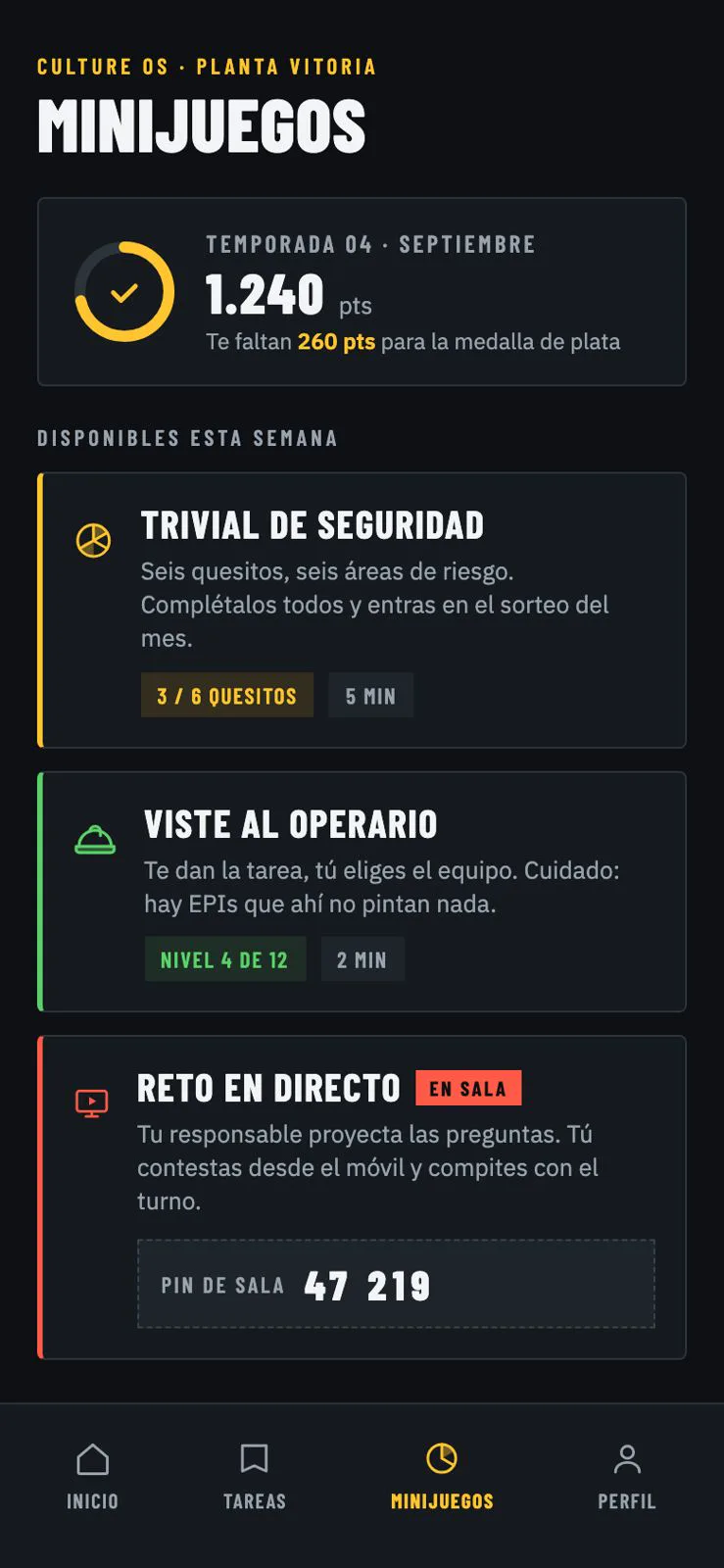 Pantalla de minijuegos con la puntuación de la temporada y los juegos disponibles esta semana