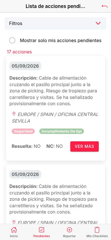 Lista de acciones pendientes filtrable con su ubicación