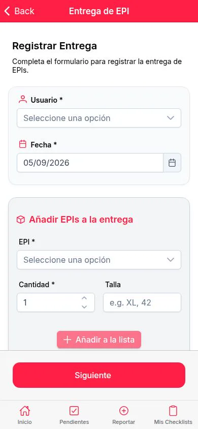Formulario de entrega de EPIs con usuario, fecha, EPI, cantidad y talla