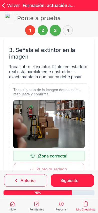 Pregunta de formación en la que hay que señalar el extintor en una foto